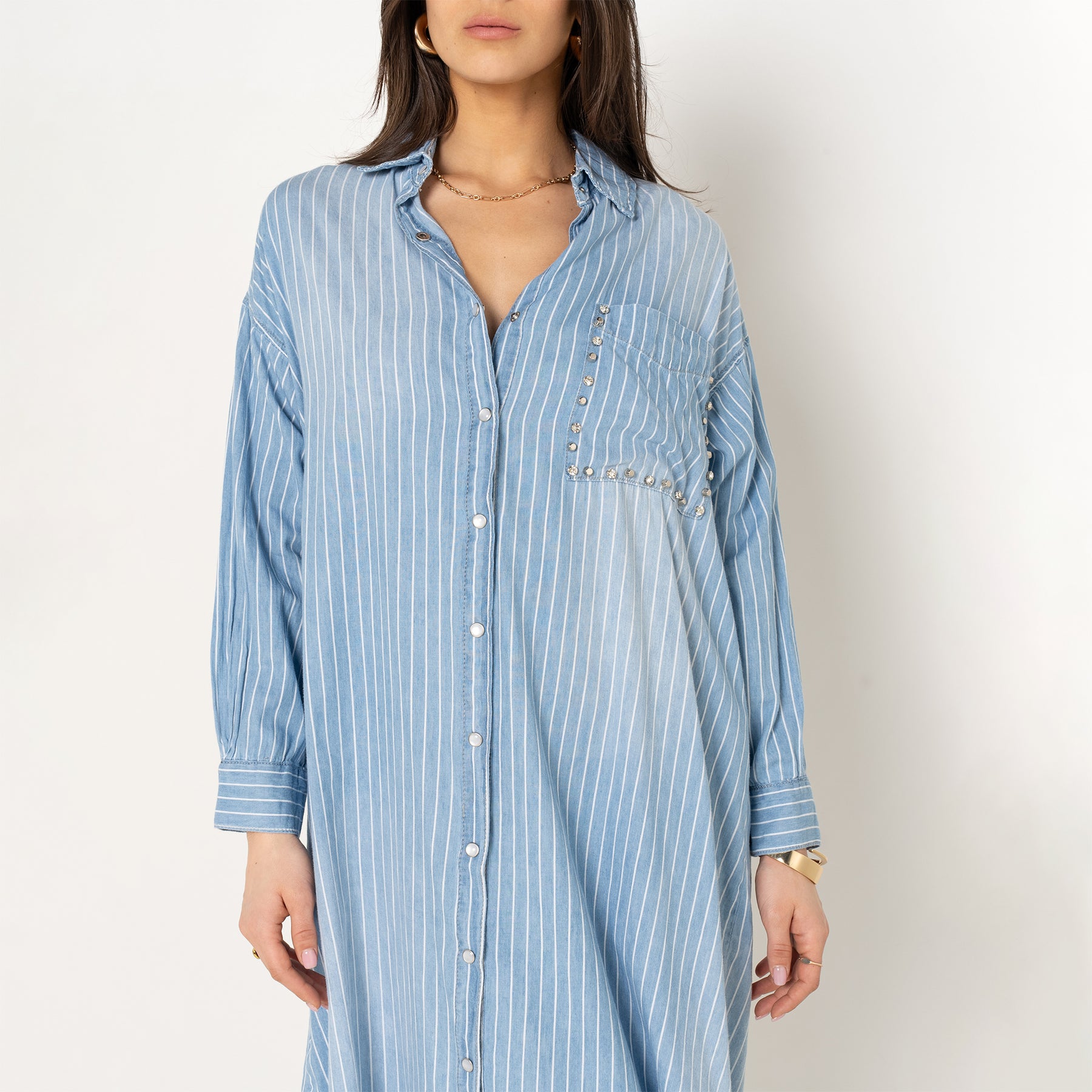Bleu,Chemise longue Élodie rayée & poche bijoux - Chemise femme - Place du jour