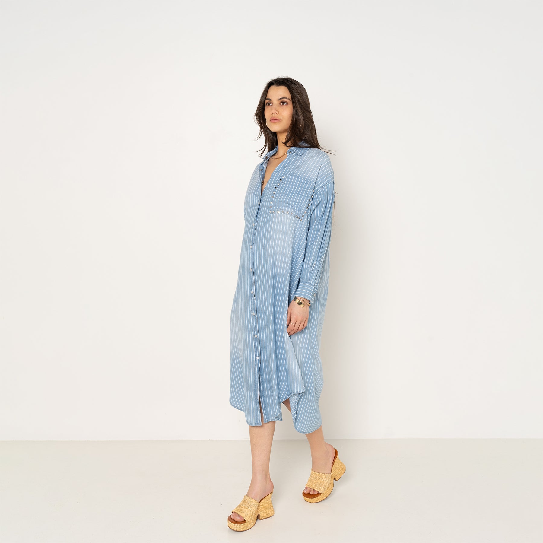 Bleu,Chemise longue Élodie rayée & poche bijoux - Chemise femme - Place du jour