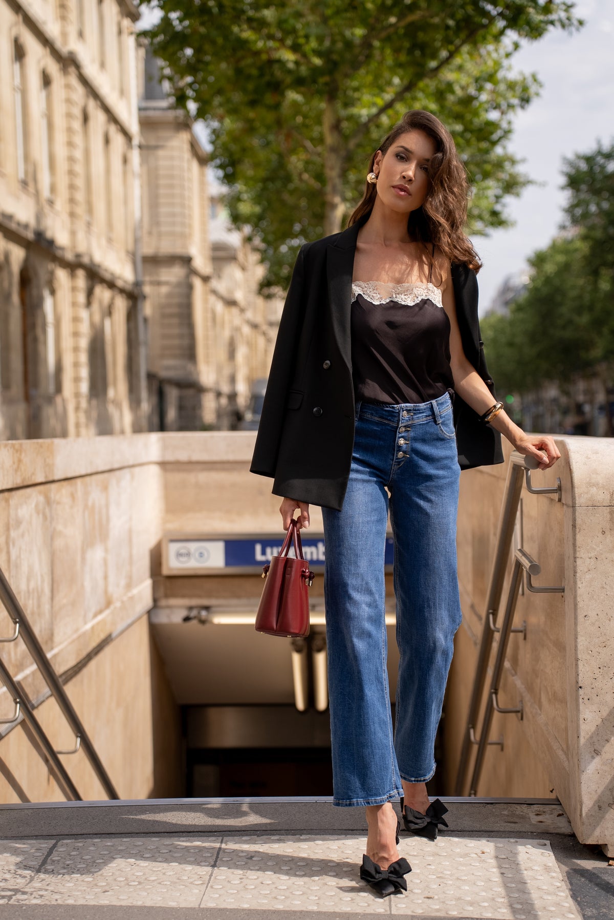 Jean bleu fonce,Jean coupe droite avec boutons fantaisies - Jean femme - Place du jour