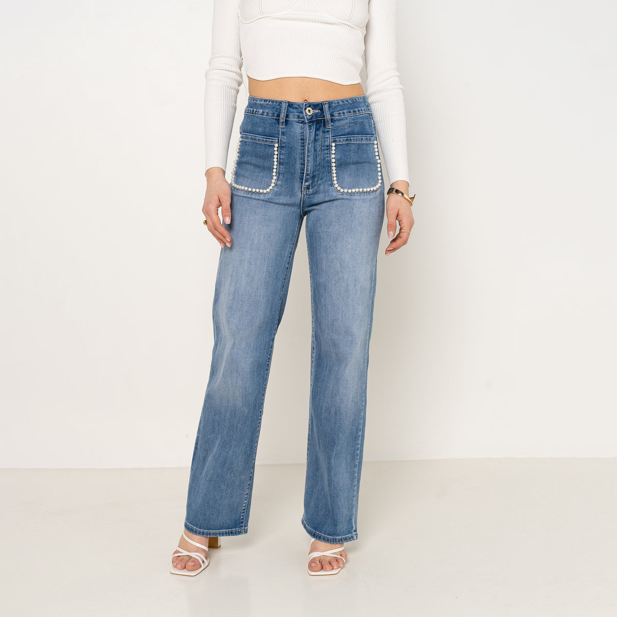 Jean bleu,Jean coupe droite Élodie avec perles - Jean femme - Place du jour