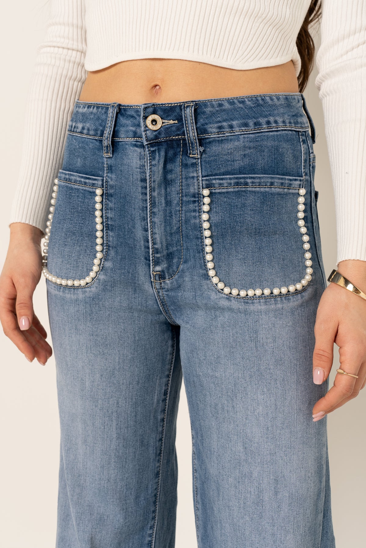 Jean bleu,Jean coupe droite Élodie avec perles - Jean femme - Place du jour