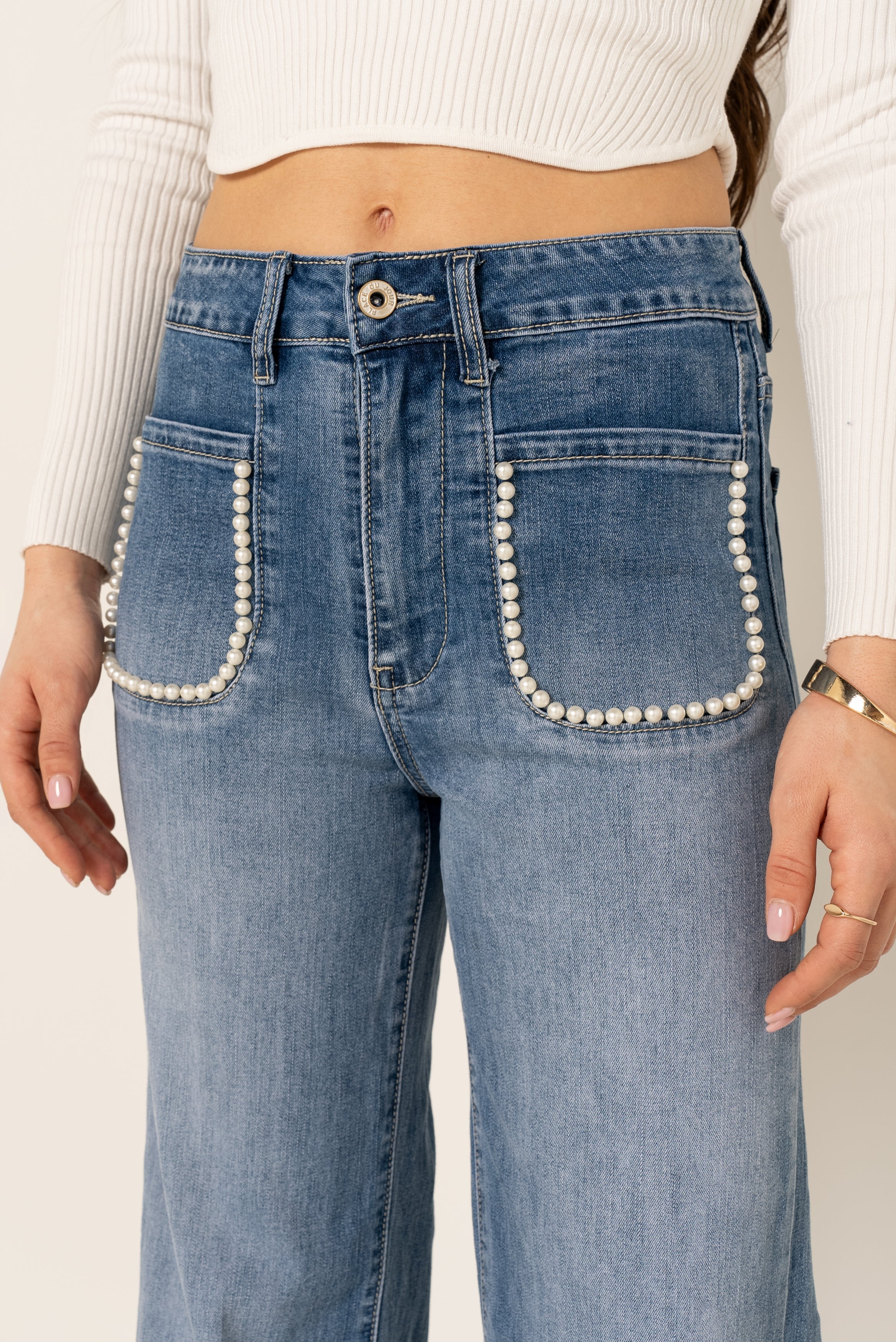 Jean bleu,Jean coupe droite Élodie avec perles - Jean femme - Place du jour