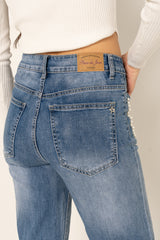 Jean bleu,Jean coupe droite Élodie avec perles - Jean femme - Place du jour