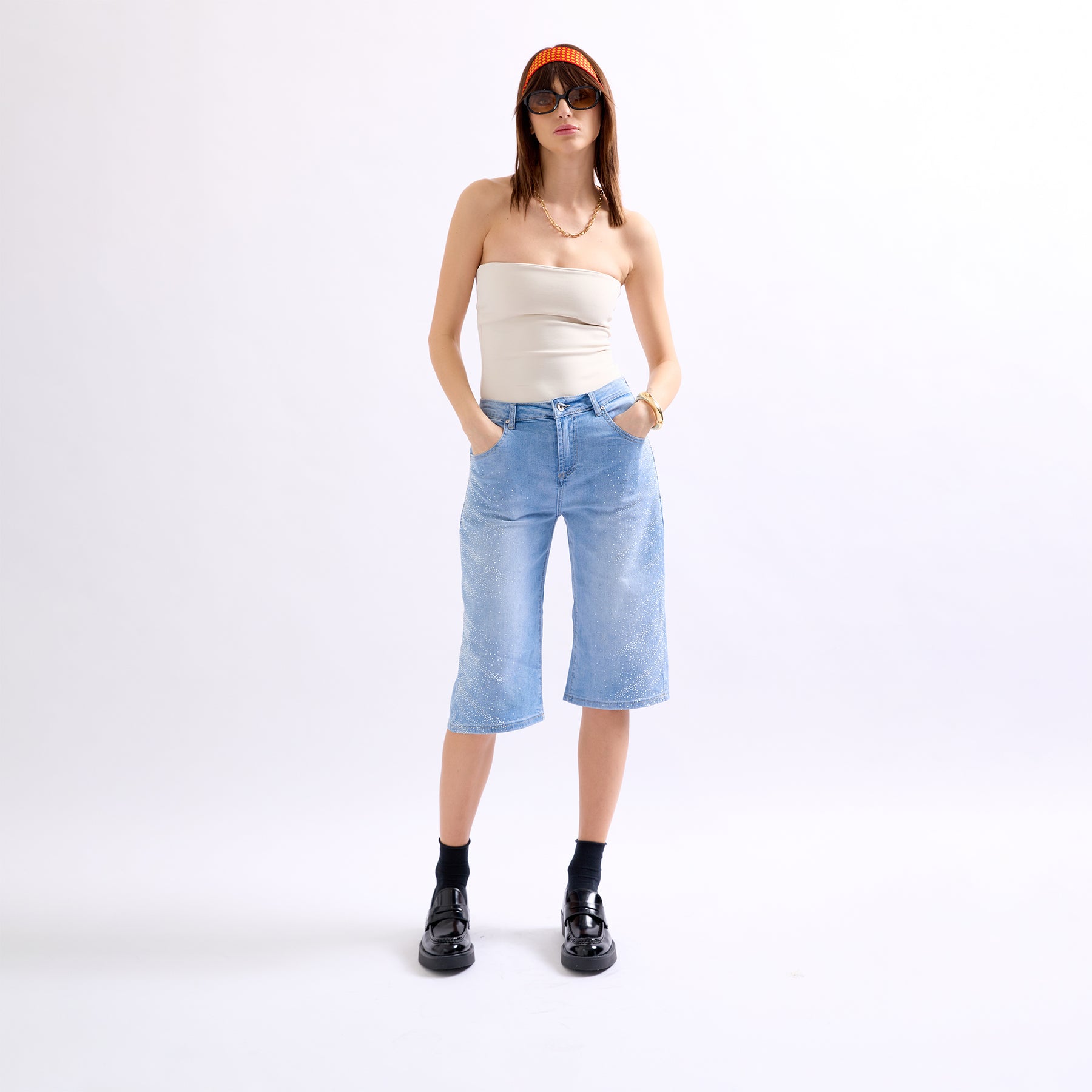 Jean bleu clair,Pantacourt à Strass en Jean - Place du jour