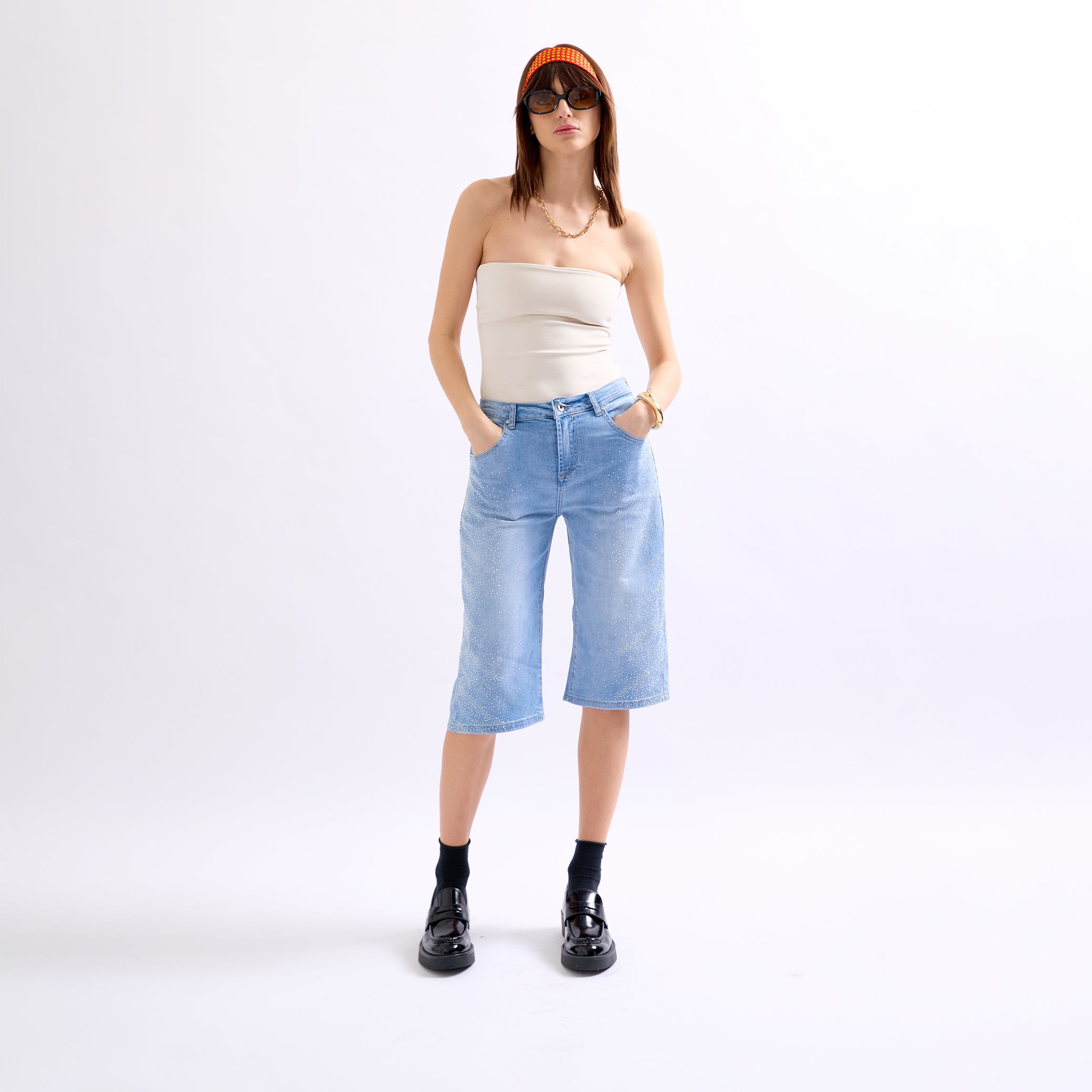 Jean bleu clair,Pantacourt à Strass en Jean - Place du jour