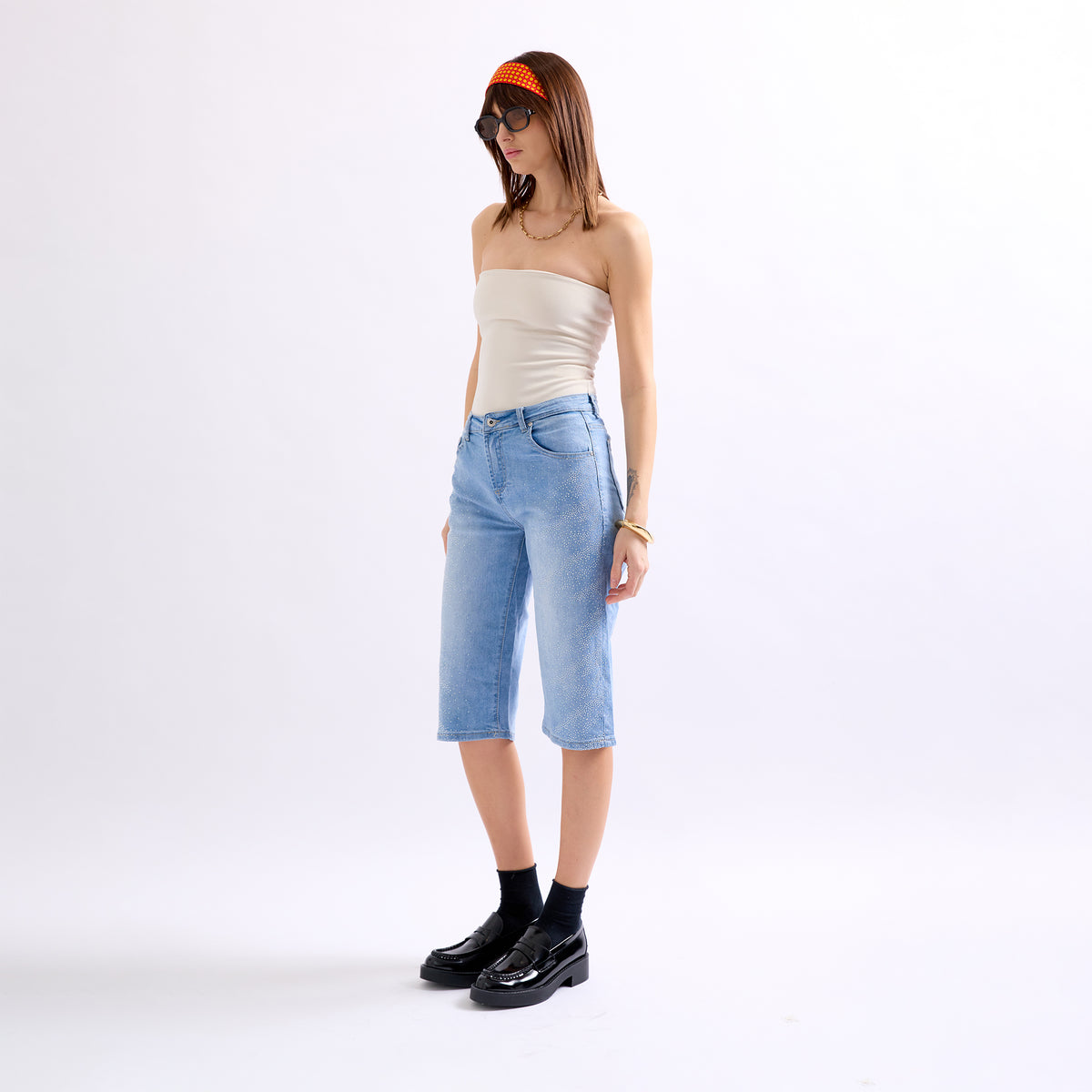 Jean bleu clair,Pantacourt à Strass en Jean - Place du jour