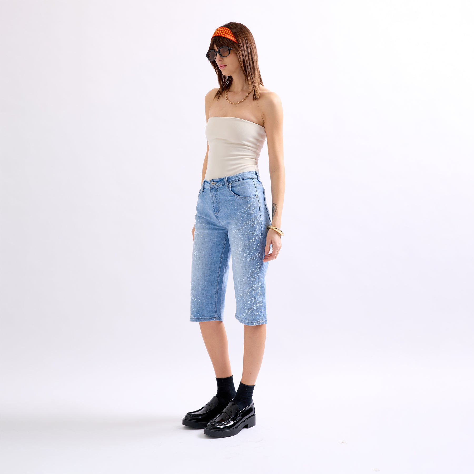 Jean bleu clair,Pantacourt à Strass en Jean - Place du jour