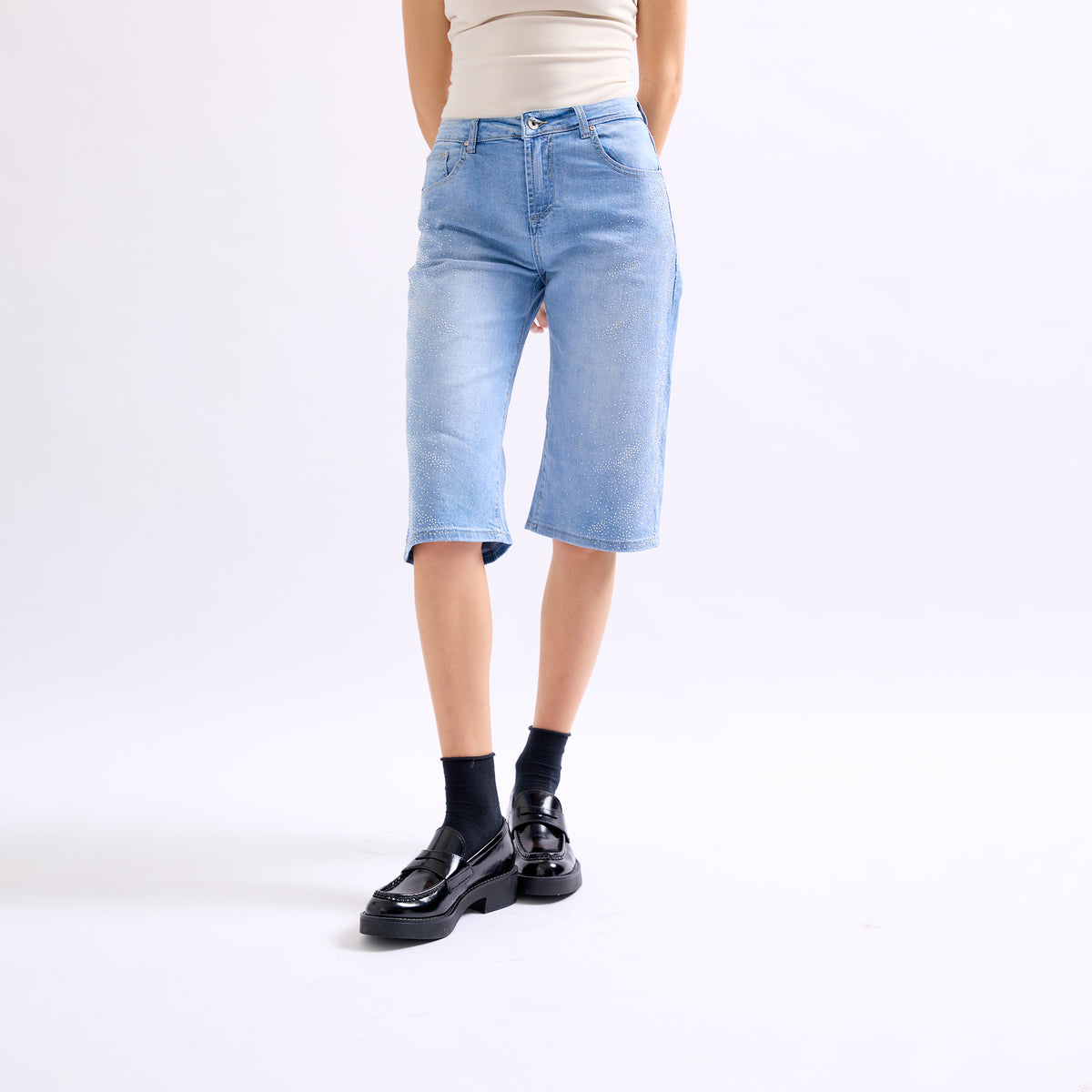 Jean bleu clair,Pantacourt à Strass en Jean - Place du jour