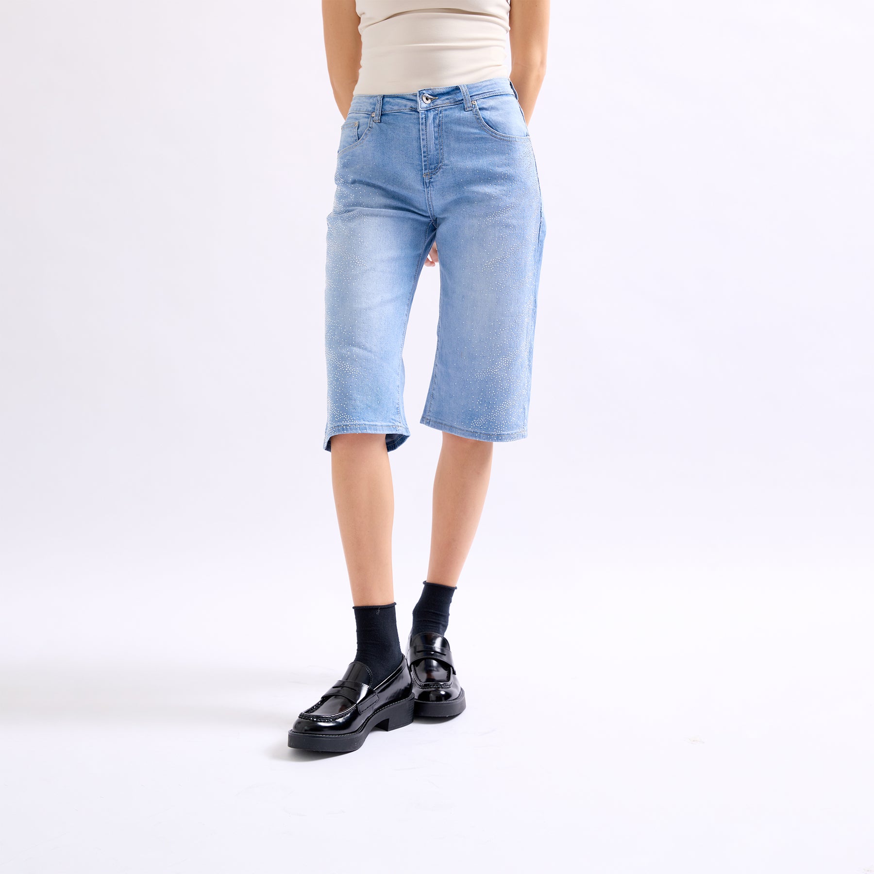 Jean bleu clair,Pantacourt à Strass en Jean - Place du jour