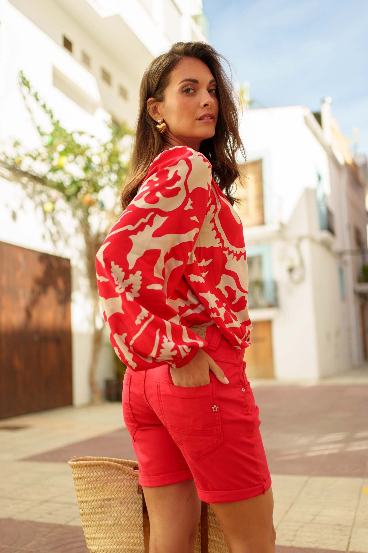 Rouge,Short Femme Taille Haute à Boutons - Place du jour