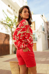 Rouge,Short Femme Taille Haute à Boutons - Place du jour