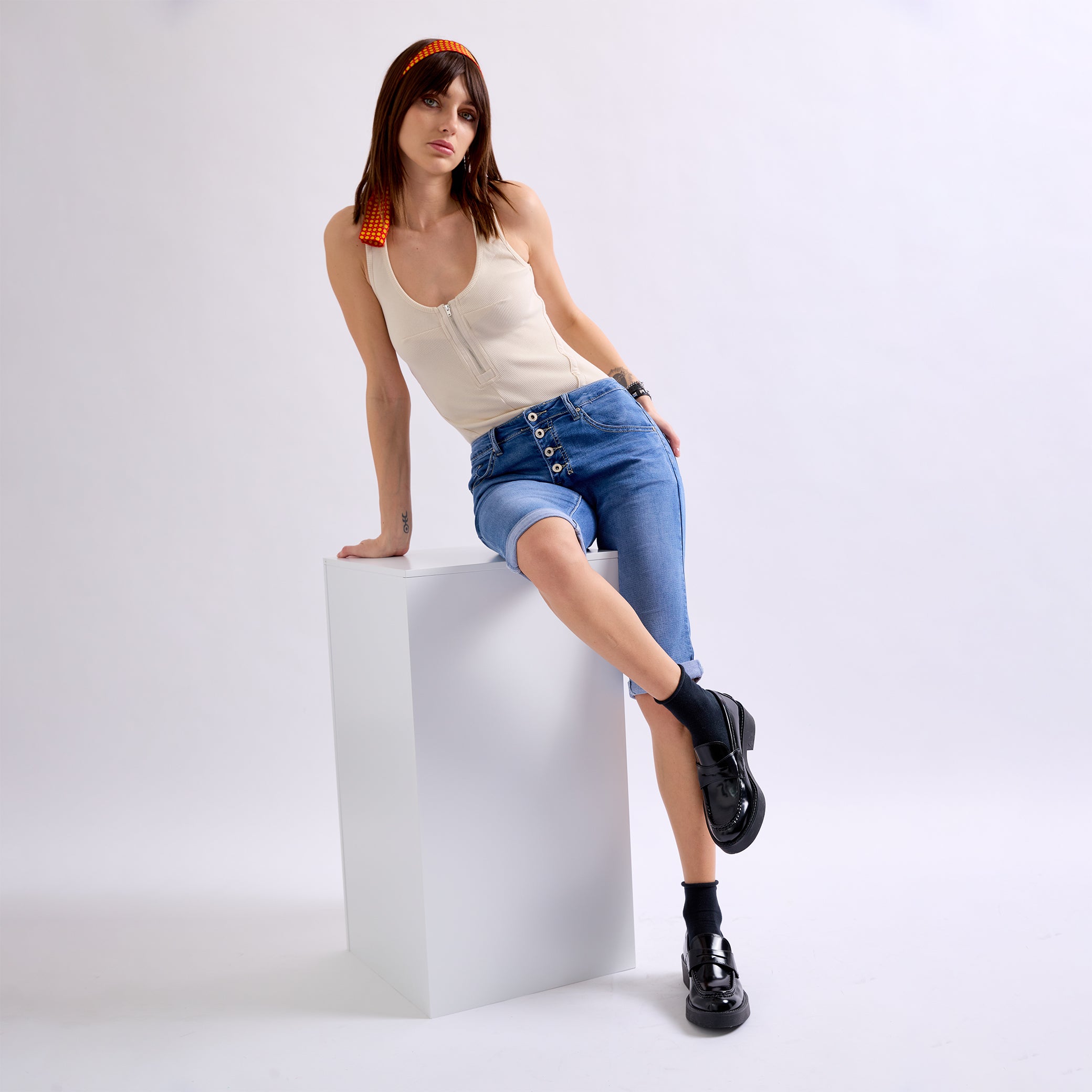 Jean bleu,Bermuda Jenny en joggjeans à boutons - Femme en Coton - Place du Jour