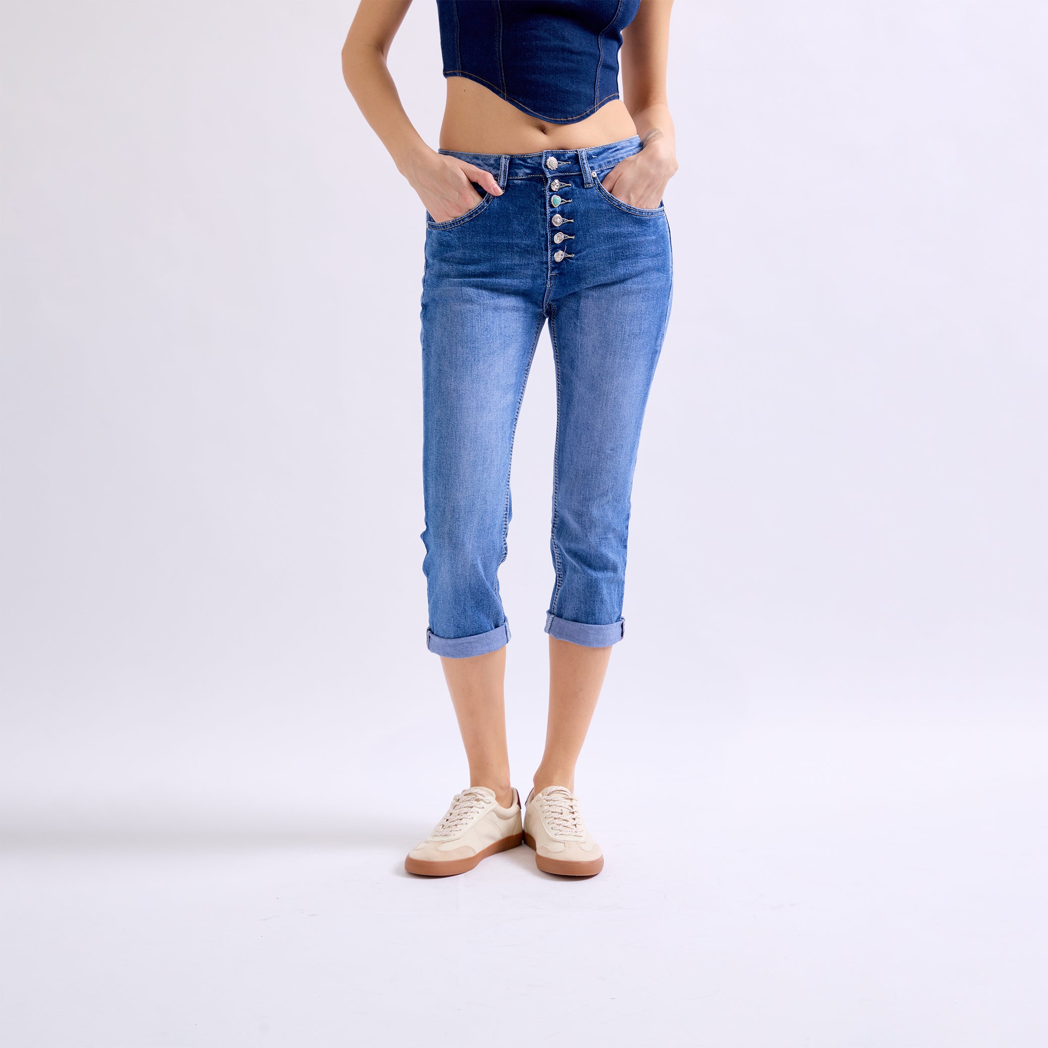 Jean bleu,Pantacourt Jean Boutons - Jean Femme - Place du jour