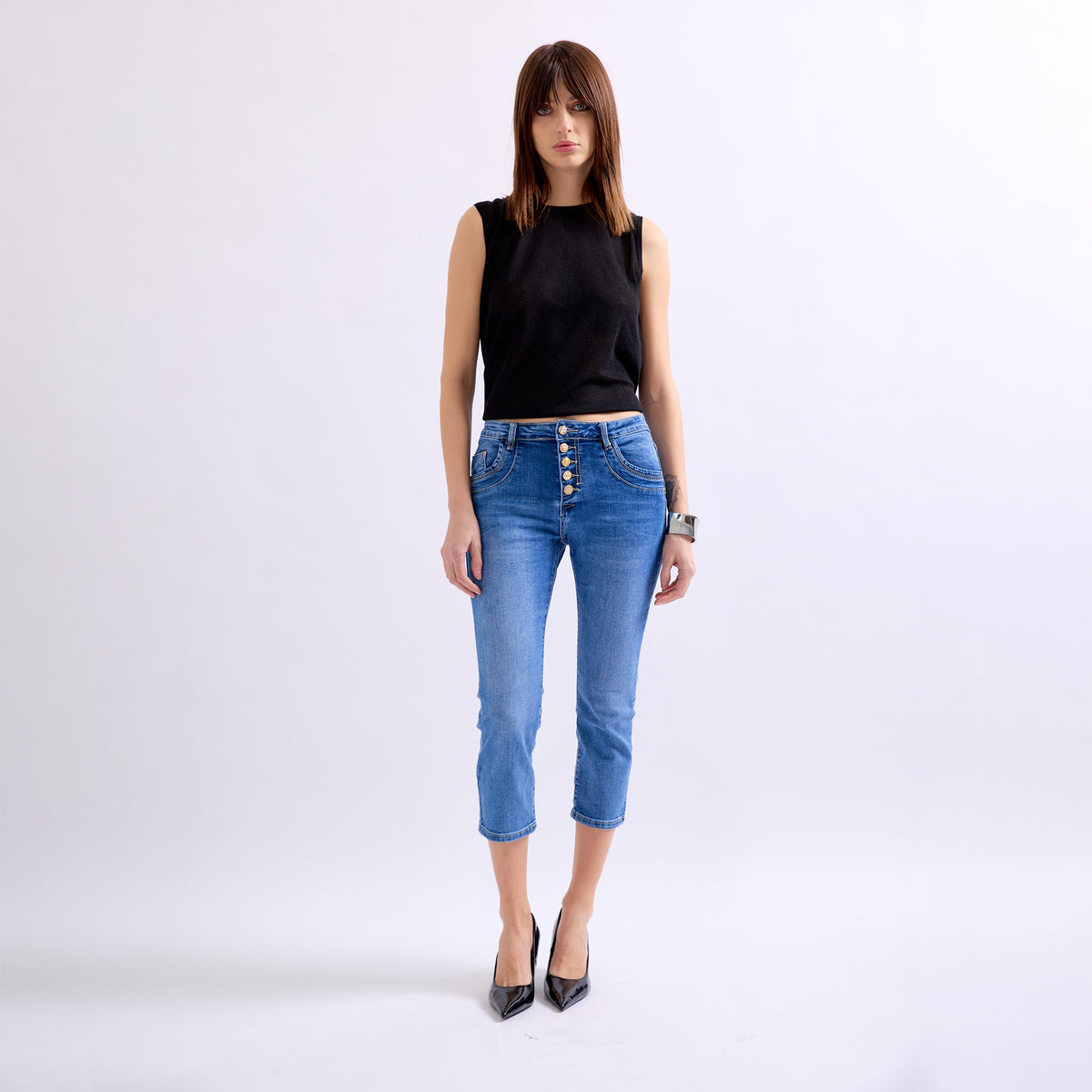 Jean bleu,Pantacourts Jeans Boutons Fantaisies Dorés - Place du jour