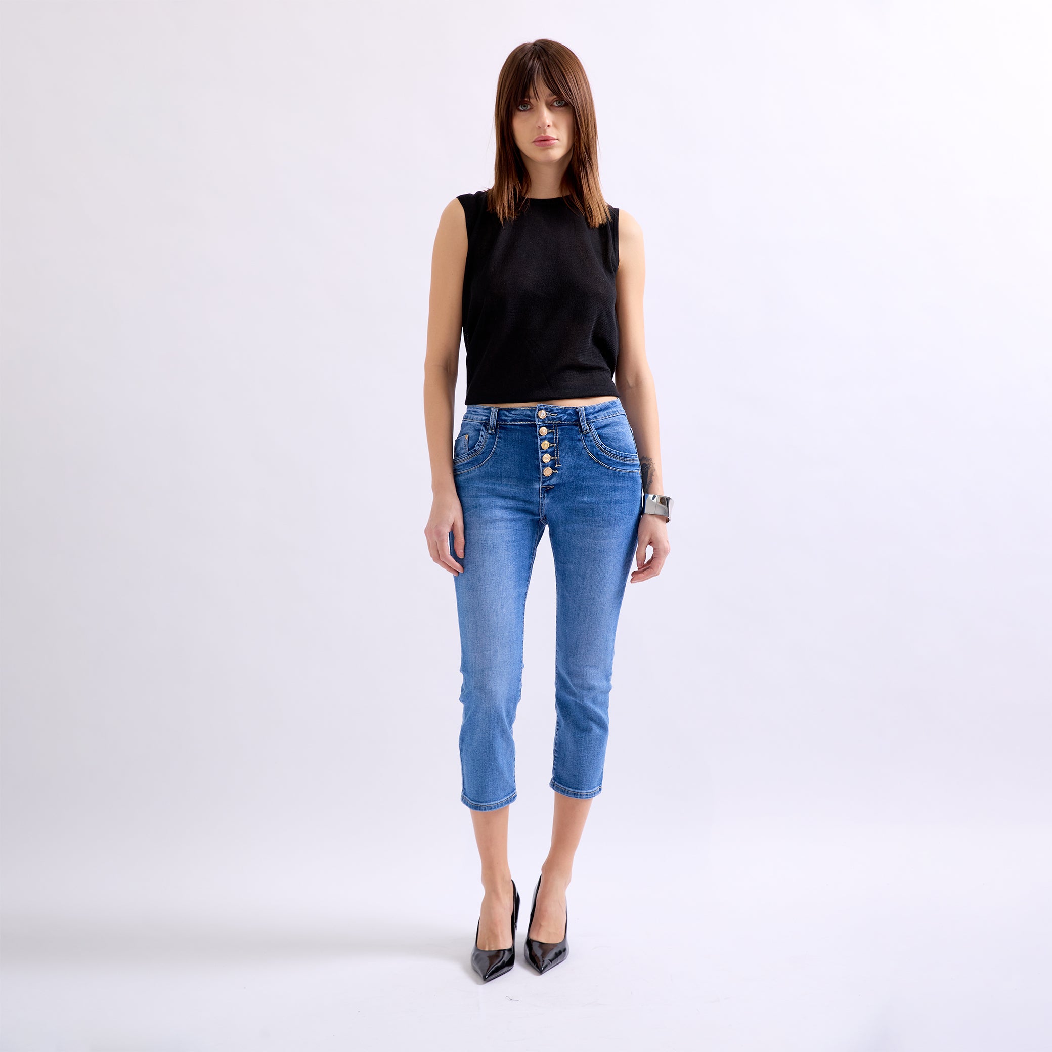 Jean bleu,Pantacourts Jeans Boutons Fantaisies Dorés - Place du jour