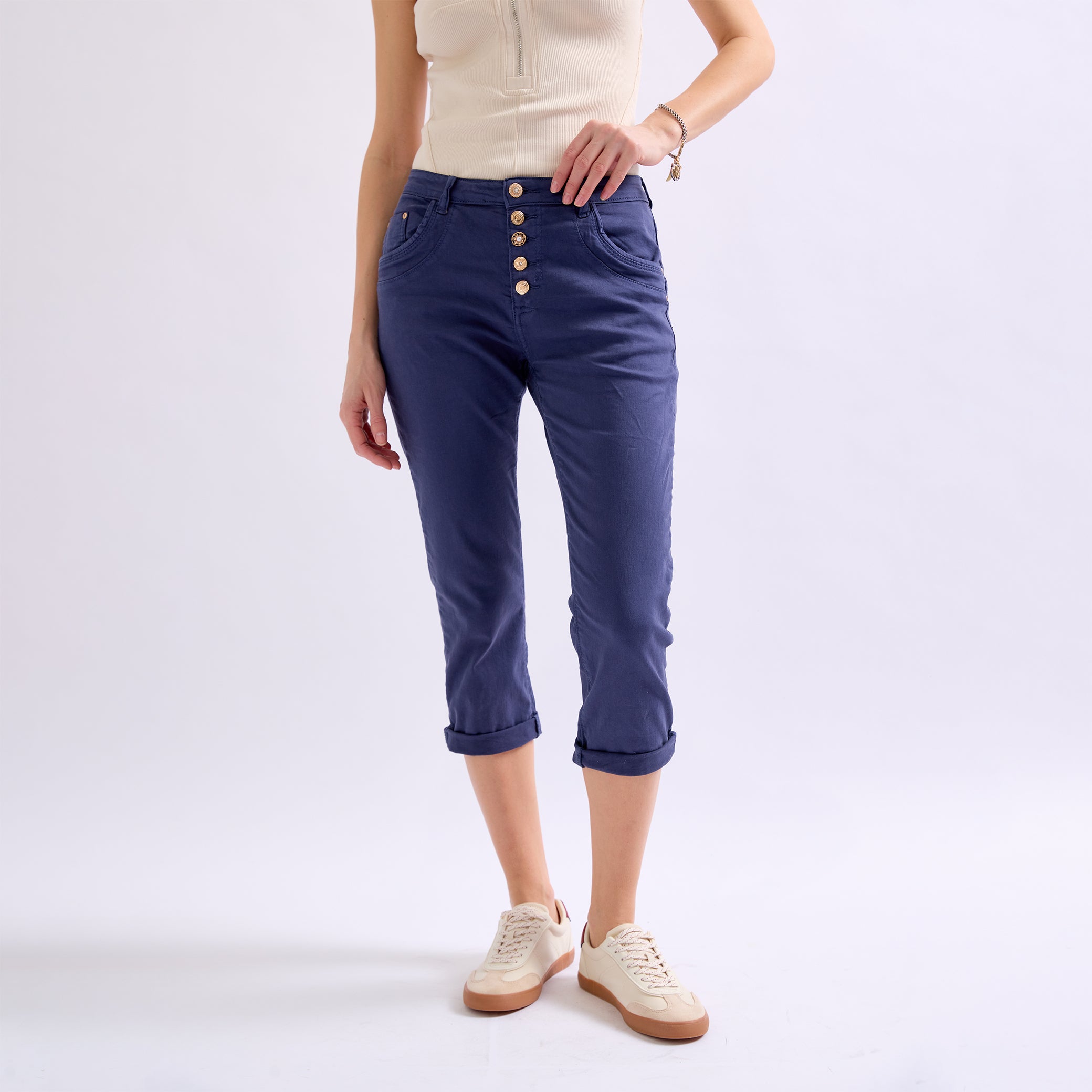 Marine,Pantacourts Couleurs Boutons Fantaisies Dorés - Femme - Place du jour