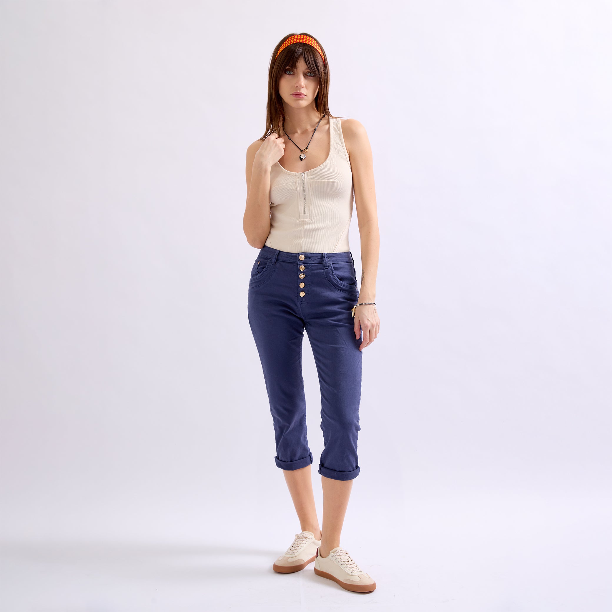 Marine,Pantacourts Couleurs Boutons Fantaisies Dorés - Femme - Place du jour