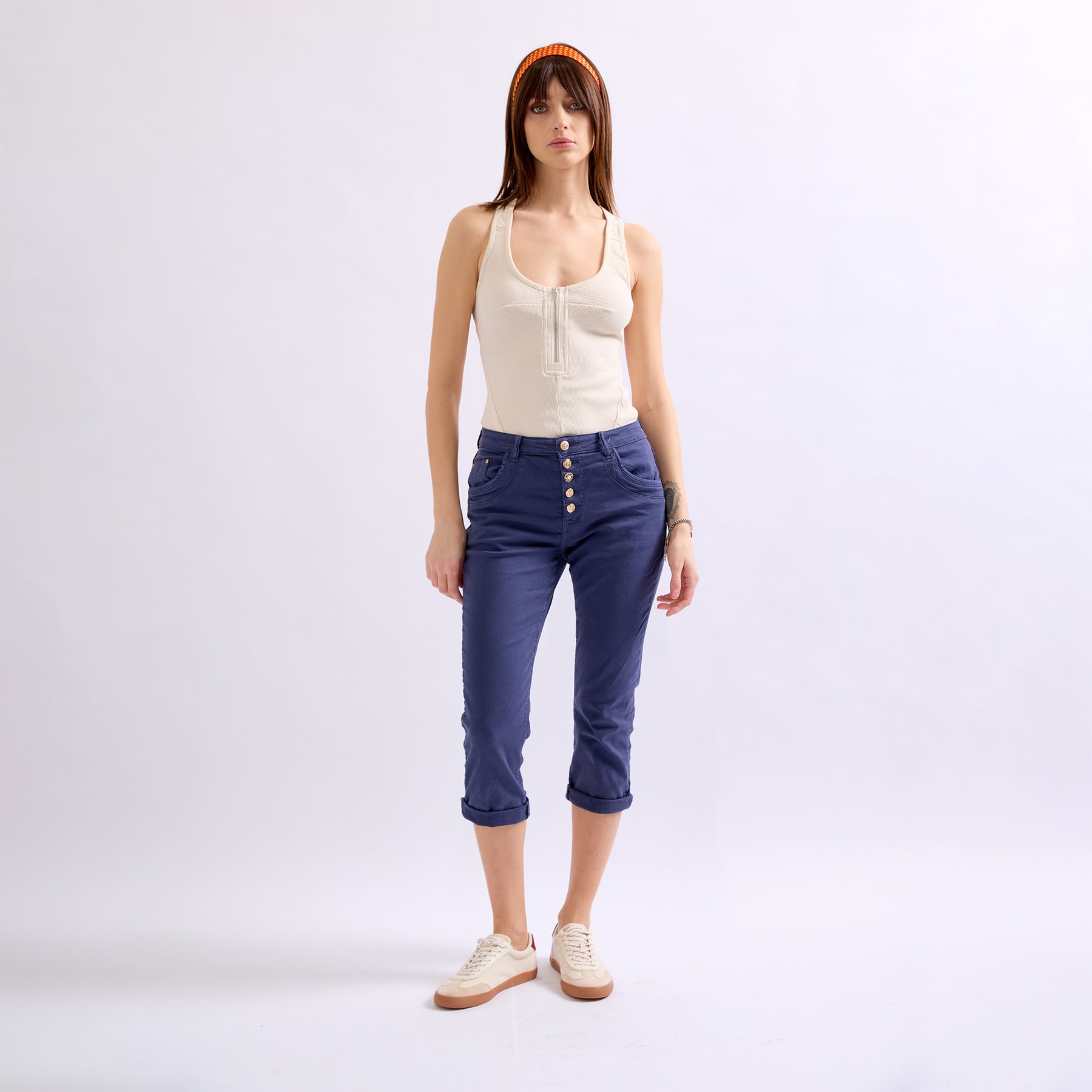 Marine,Pantacourts Couleurs Boutons Fantaisies Dorés - Femme - Place du jour