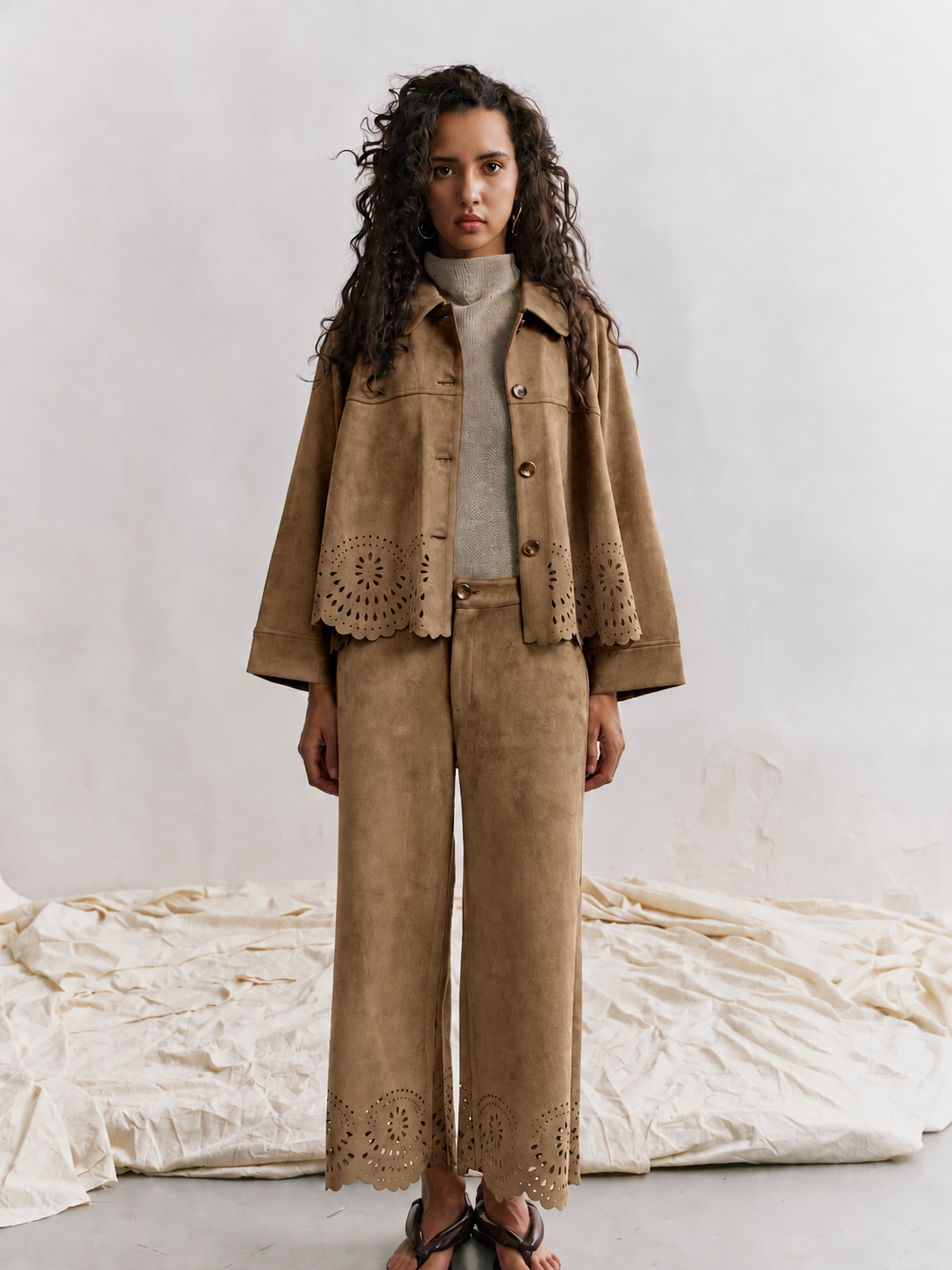 Beige, Pantalon Droit Velours Ourlet Ajouré - Vue 1 - Place du Jour