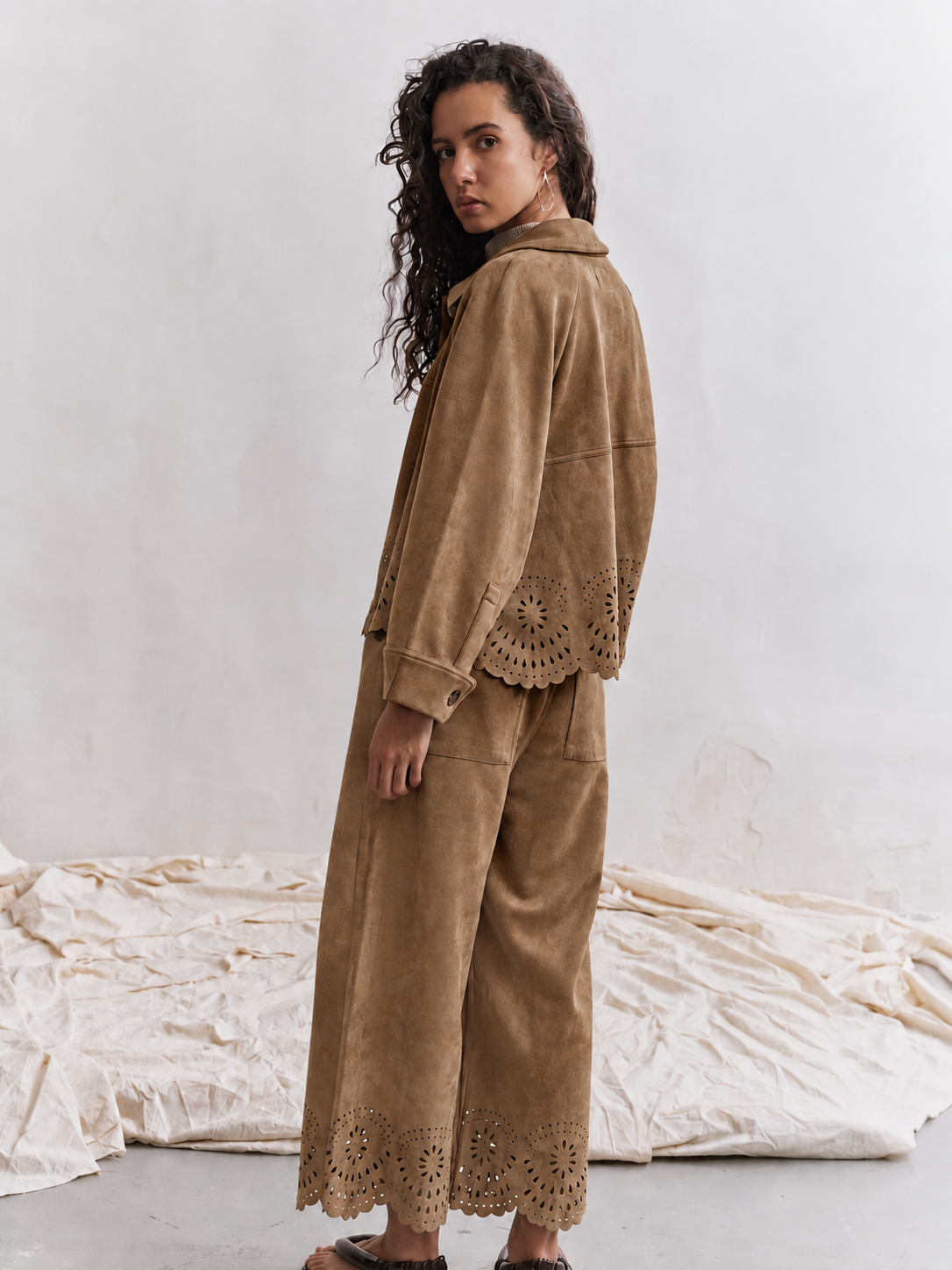 Beige, Pantalon Droit Velours Ourlet Ajouré - Vue 3 - Place du Jour
