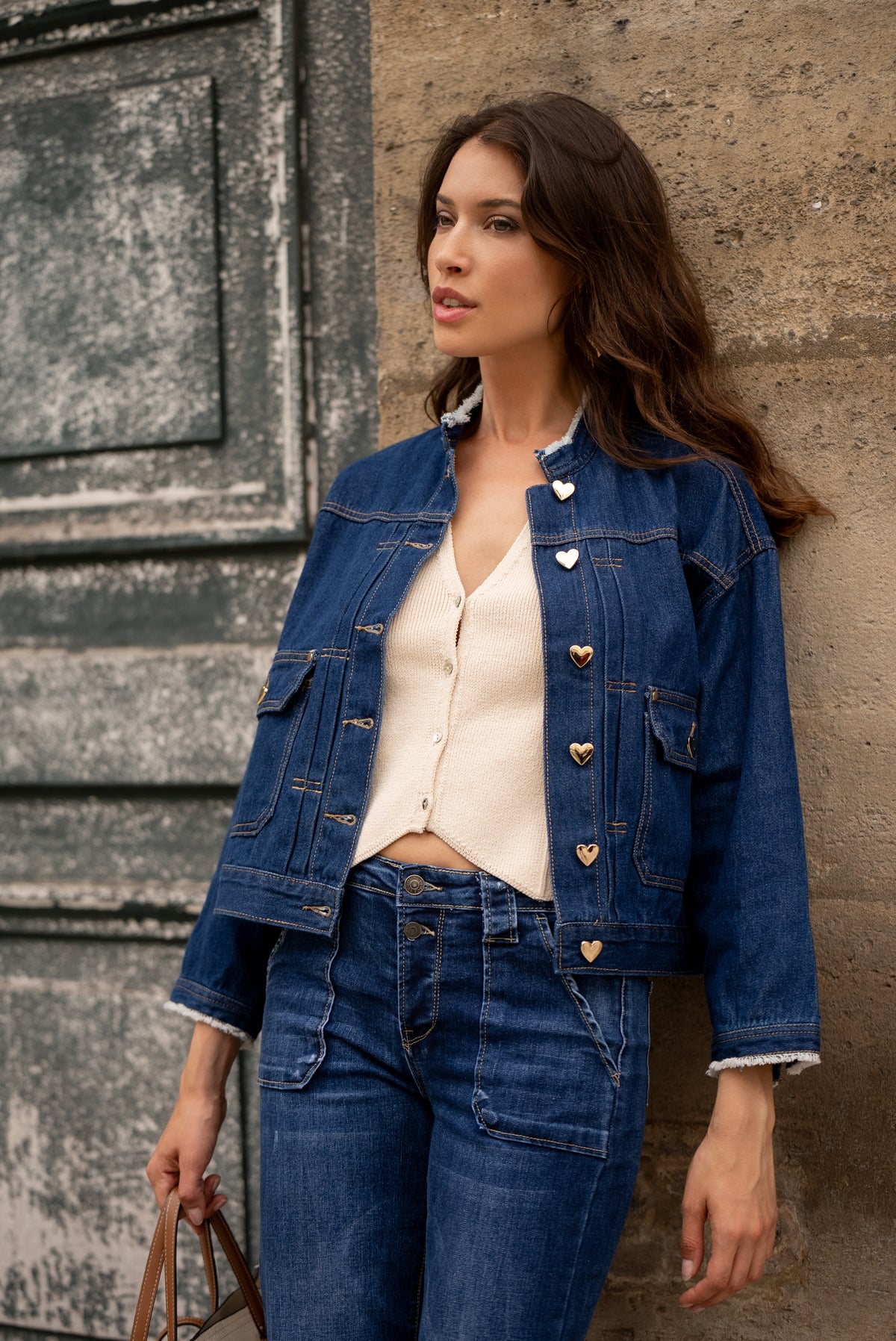 Jean bleu,Blouson en jean col rond boutons coeurs dorés - Jean femme - Place du jour