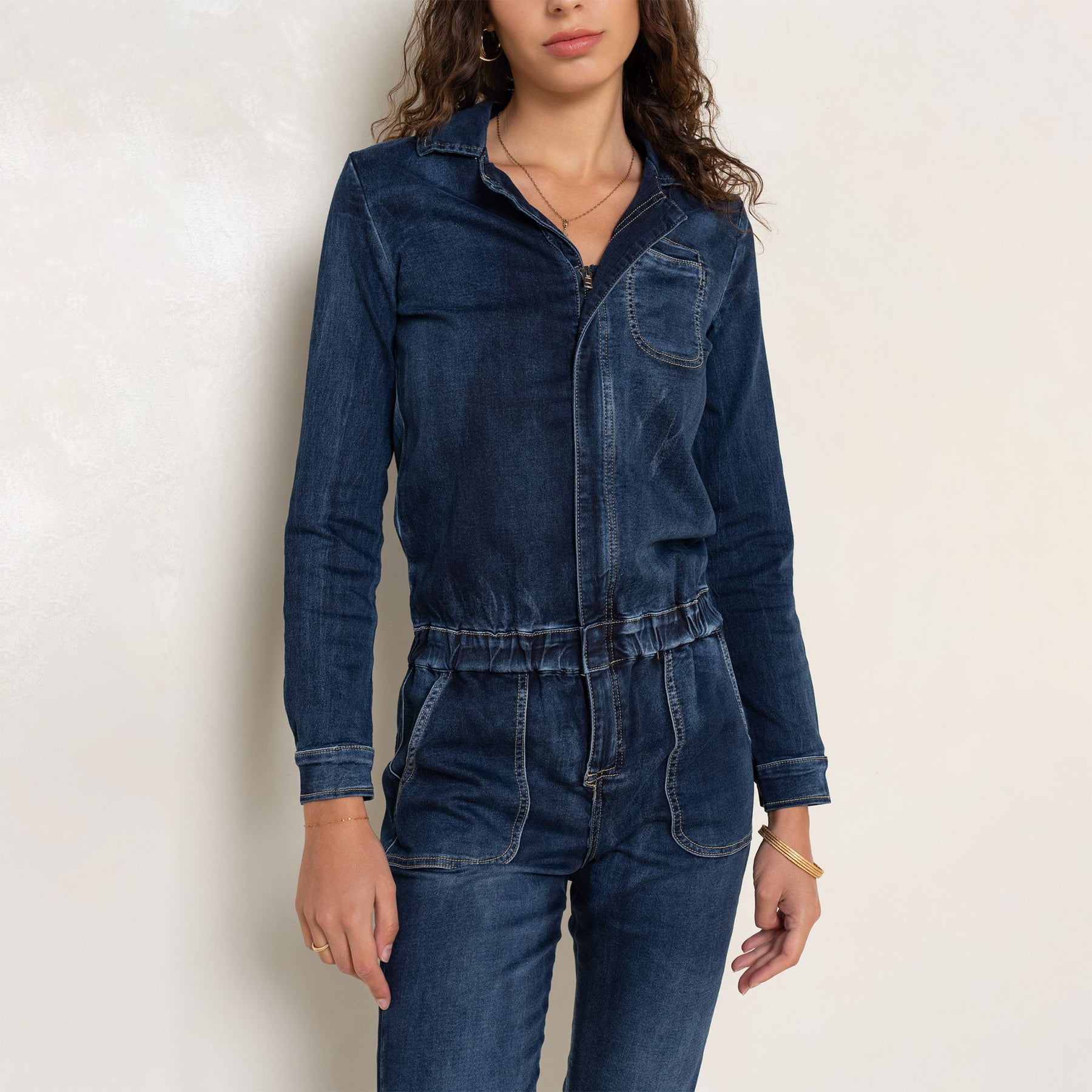 Jean bleu fonce,Combinaison Manches Longues Zippée - Femme - Place du jour