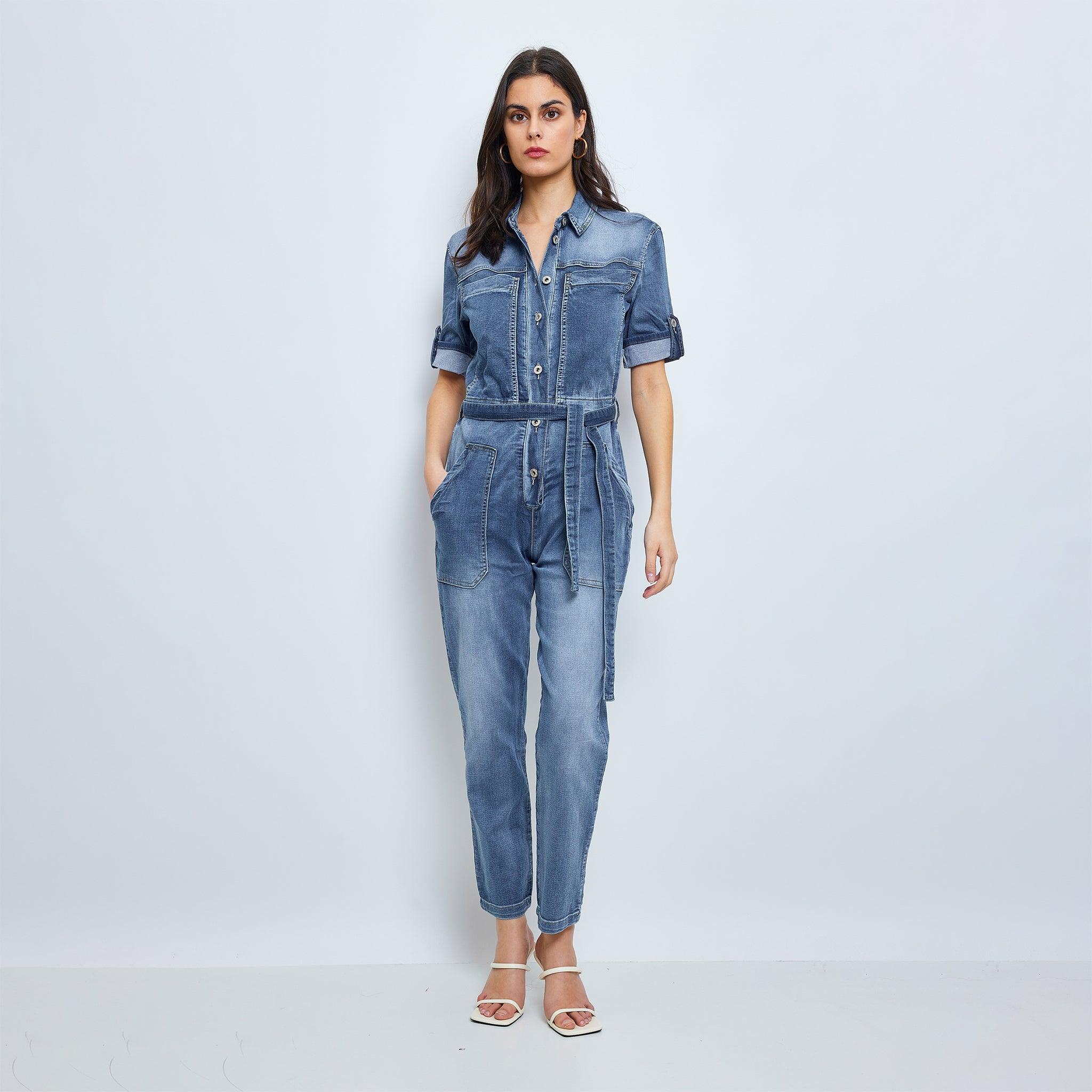 Jean bleu, Combinaison Manches Courtes Couleurs - Tendance - Combinaison Couleur femme - Place du jour