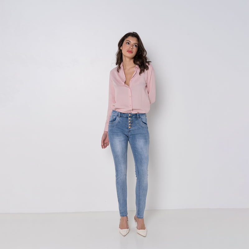 Jean Boyfriend Taille Haute Boutons Fantaisies Dorés