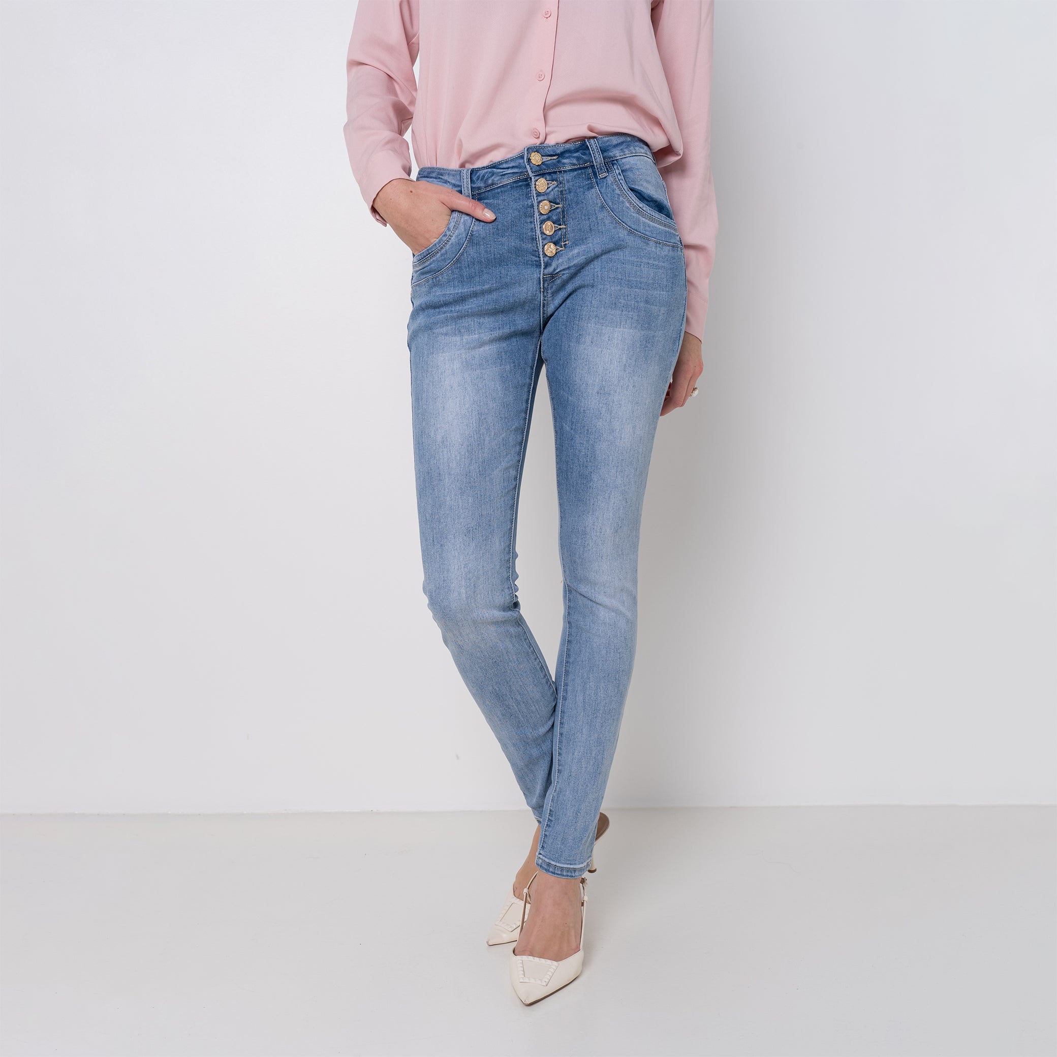 Jean bleu clair,Jean Boyfriend taille haute boutons dorés - Jean femme - Place du jour