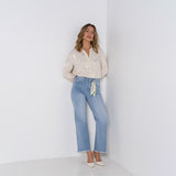 Jean bleu clair,Jean coupe droite bas frangé foulard - Jean femme - Place du jour