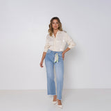 Jean bleu clair,Jean coupe droite bas frangé foulard - Jean femme - Place du jour