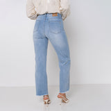 Jean bleu clair,Jean coupe droite bas frangé foulard - Jean femme - Place du jour