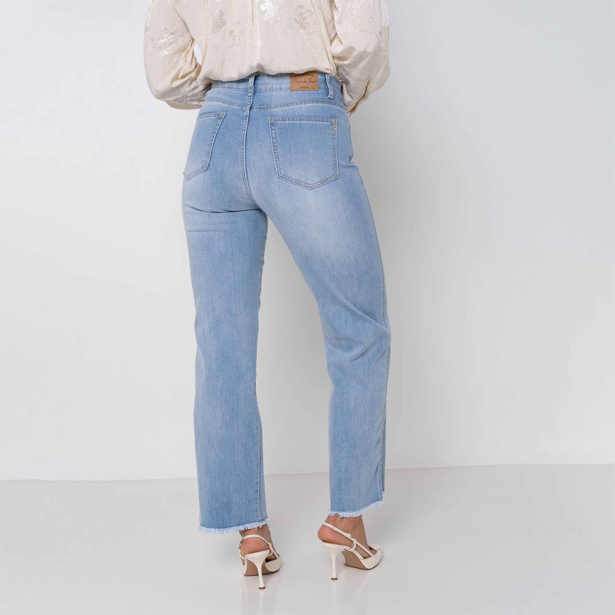 Jean bleu clair,Jean coupe droite bas frangé foulard - Jean femme - Place du jour