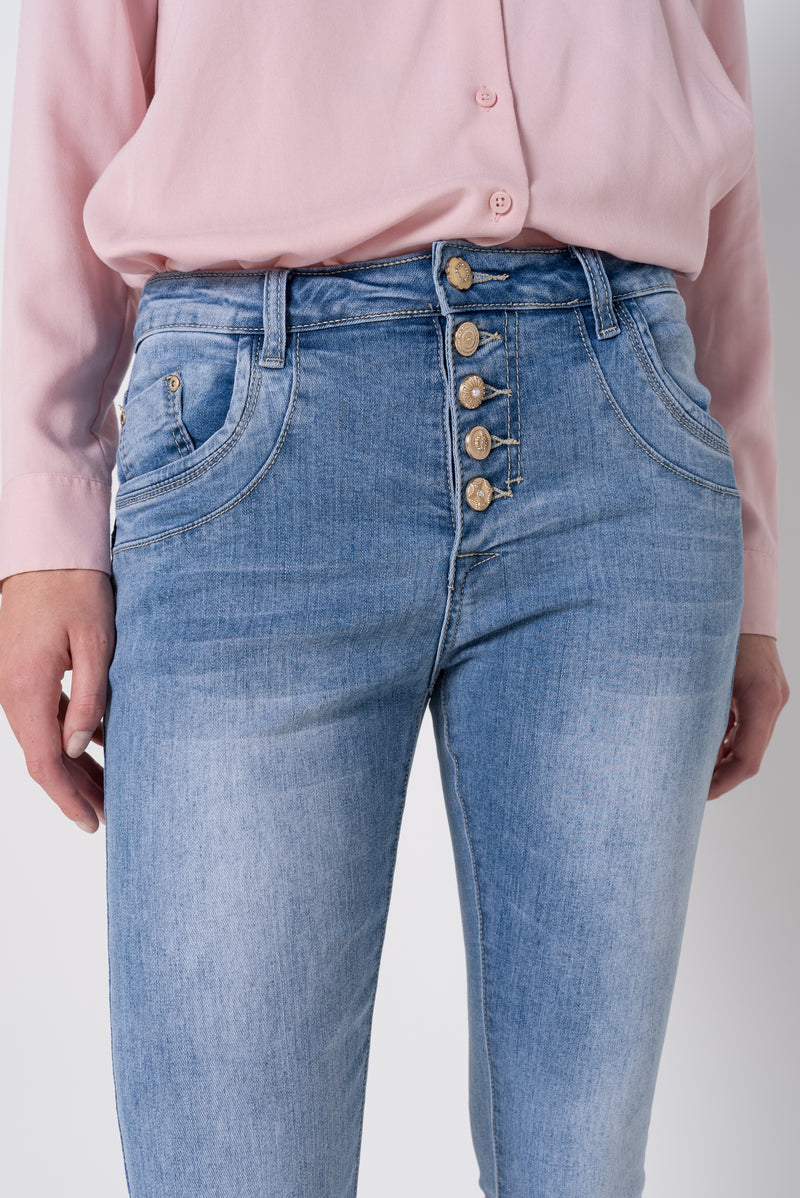 Jean Boyfriend Taille Haute Boutons Fantaisies Dorés