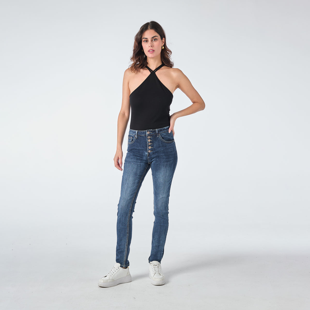 Jean bleu fonce, Jeans Boyfriend avec Boutons Fantaisies - Femme - Place du jour