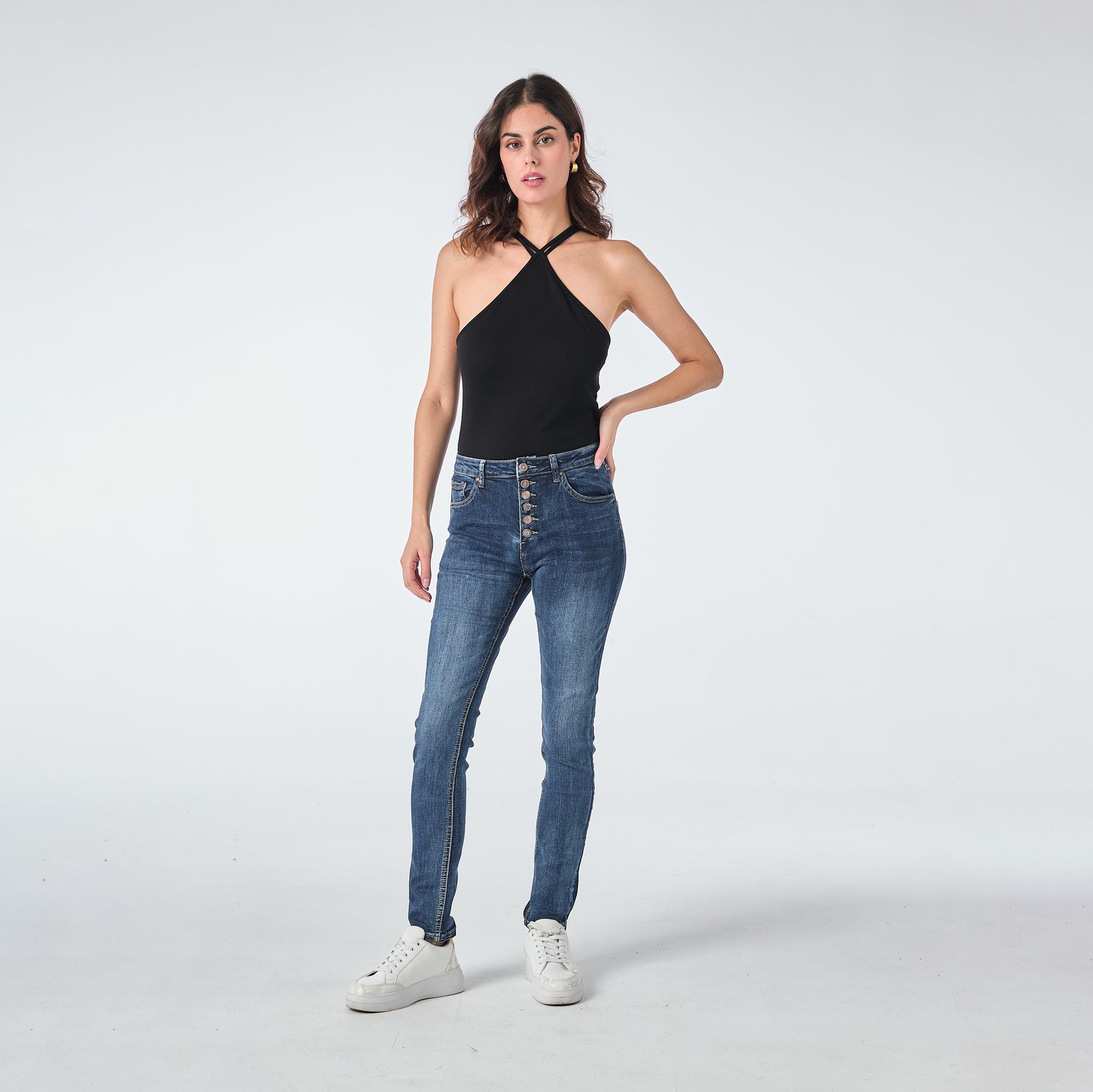 Jean bleu fonce, Jeans Boyfriend avec Boutons Fantaisies - Femme - Place du jour