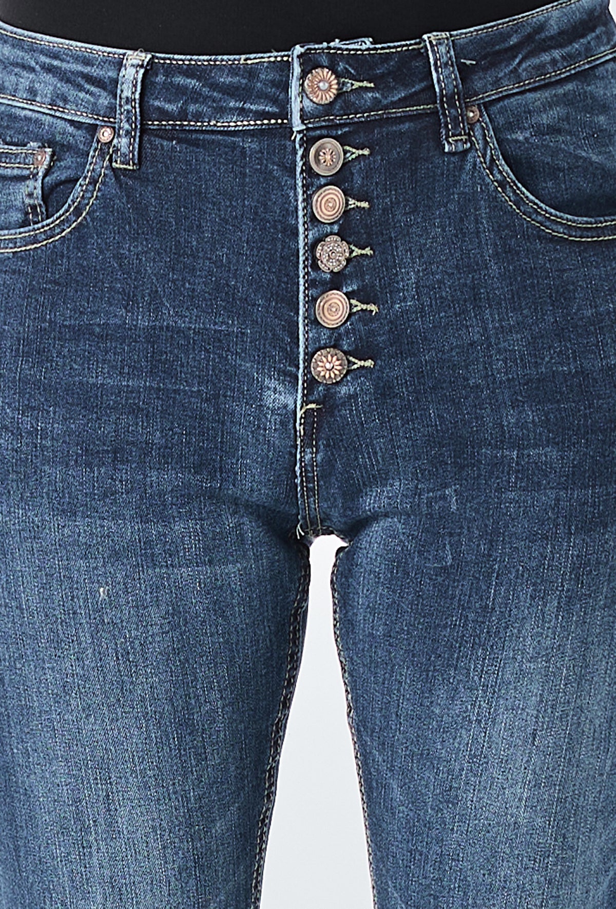 Jean bleu fonce, Jeans Boyfriend avec Boutons Fantaisies - Femme - Place du jour