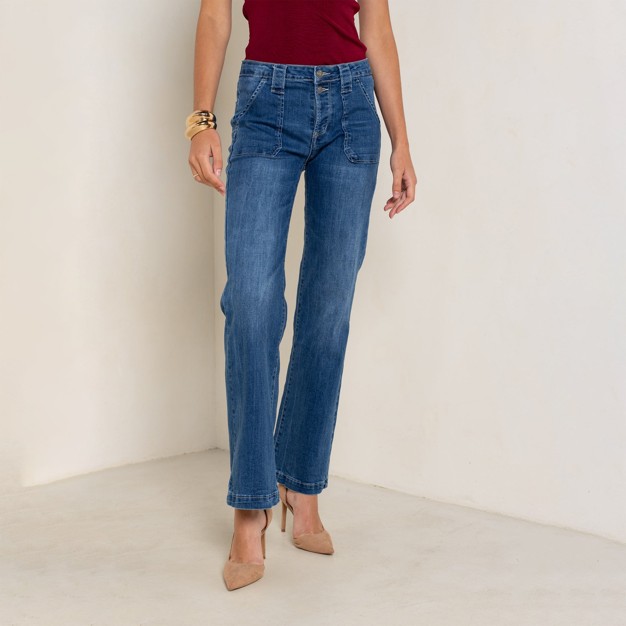 Color:Jean bleu medium,Jeans Coupe Large avec Grande Poche - Jean Femme - Place du jour