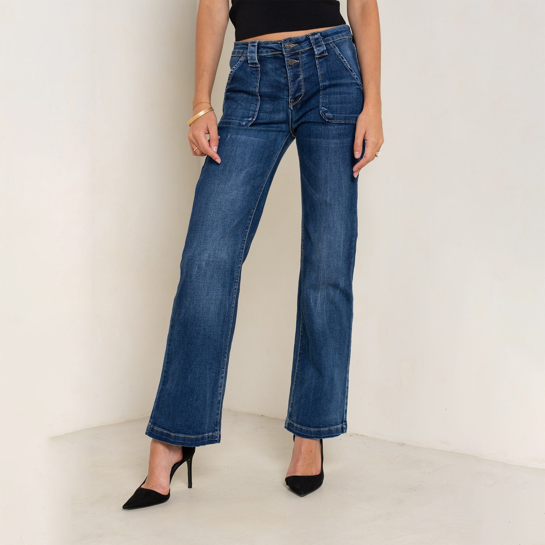 Jean bleu fonce,Jeans Coupe Large avec Grande Poche - Jean Femme - Place du jour