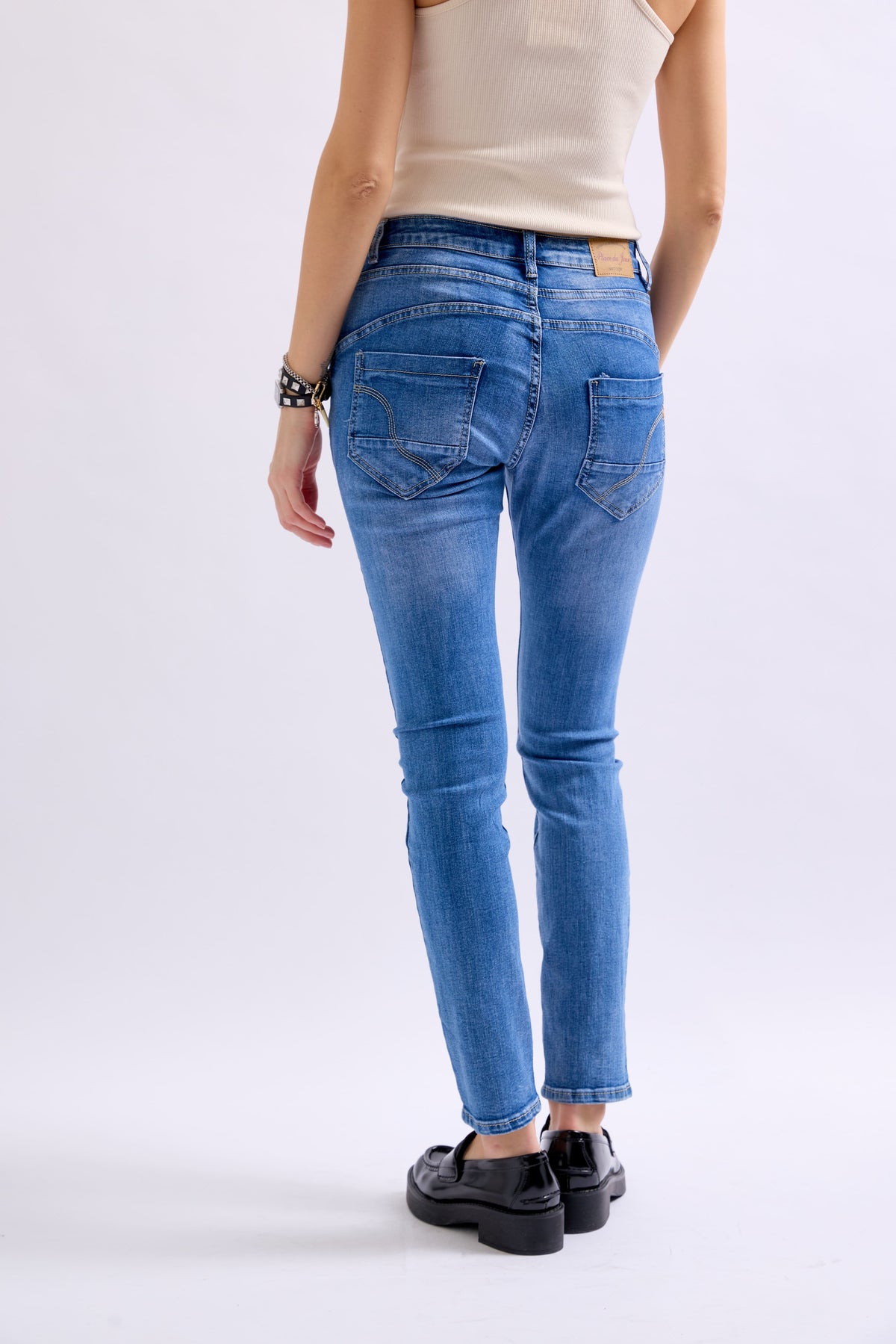 Jean bleu,Jean Boyfriend taille haute boutons dorés - Jean femme - Place du jour