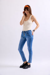 Jean bleu,Jean Boyfriend taille haute boutons dorés - Jean femme - Place du jour