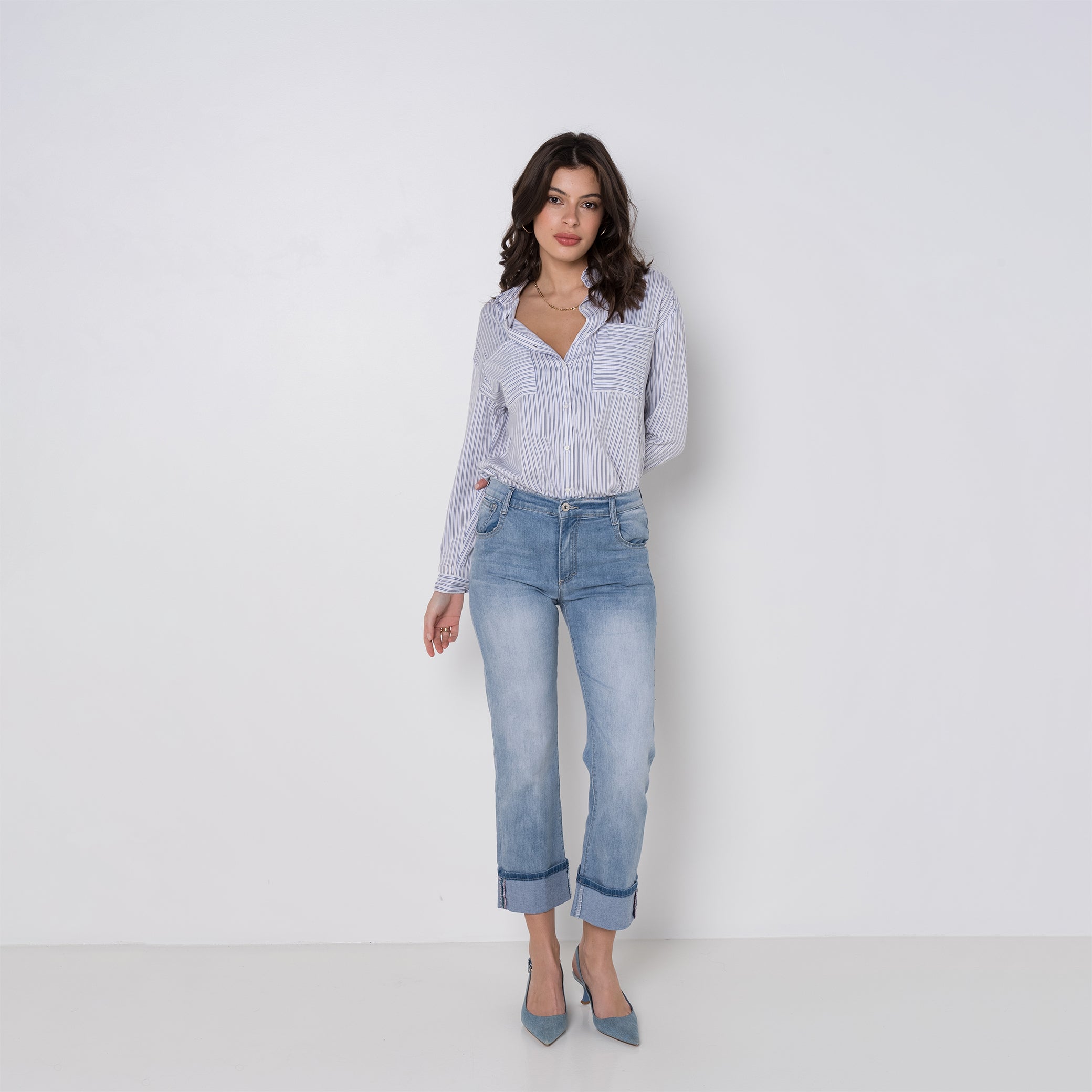 Jean bleu clair,Jean Alicia coupe droite avec un revers - Jean femme - Place du jour