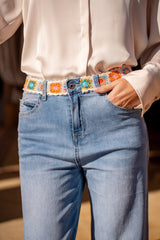 Jean bleu,Jean Laëtitia coupe droite avec ceinture en broderie - Jean femme - Place du jour