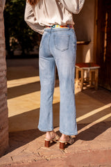 Jean bleu,Jean Laëtitia coupe droite avec ceinture en broderie - Jean femme - Place du jour