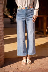 Jean bleu,Jean Laëtitia coupe droite avec ceinture en broderie - Jean femme - Place du jour