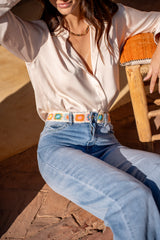 Jean bleu,Jean Laëtitia coupe droite avec ceinture en broderie - Jean femme - Place du jour