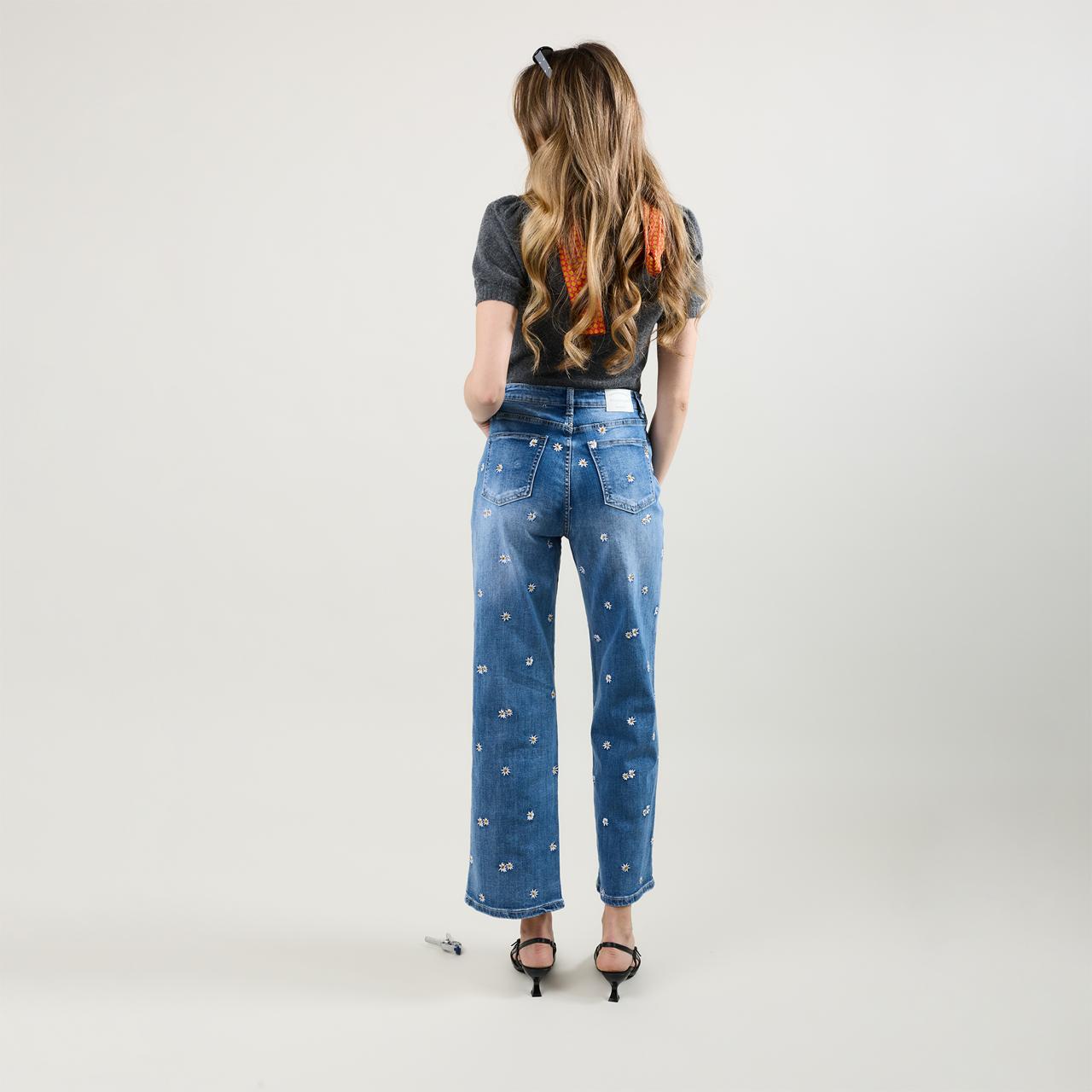 Jean bleu, Jean Droit Broderie Marguerite - Jean Femme - Place du Jour