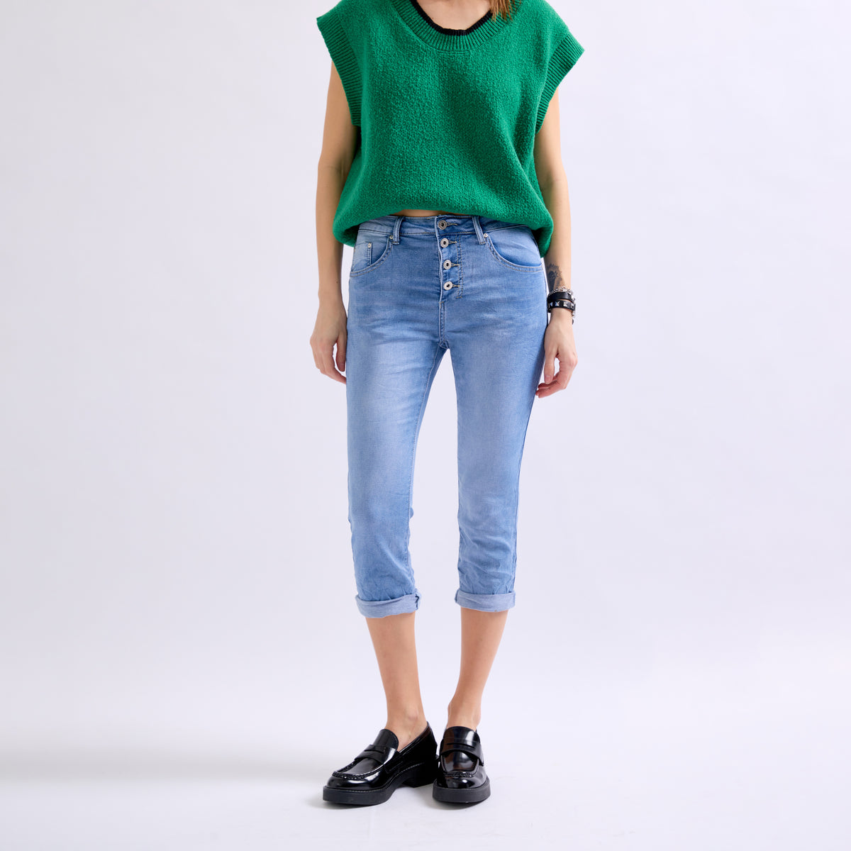 Jean bleu clair,Pantacourt en JoggJeans à Boutons - Femme - Place du jour