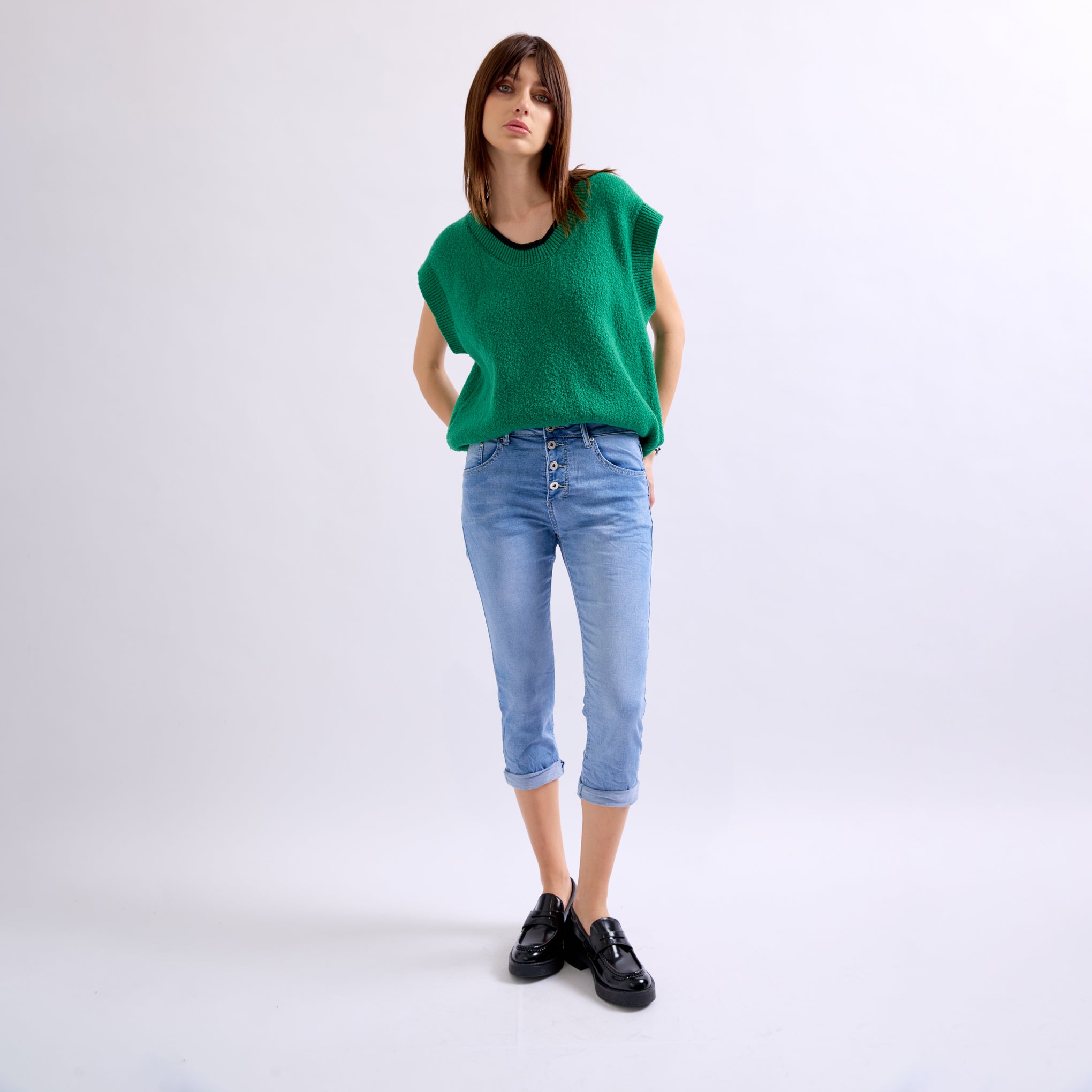 Jean bleu clair,Pantacourt en JoggJeans à Boutons - Femme - Place du jour