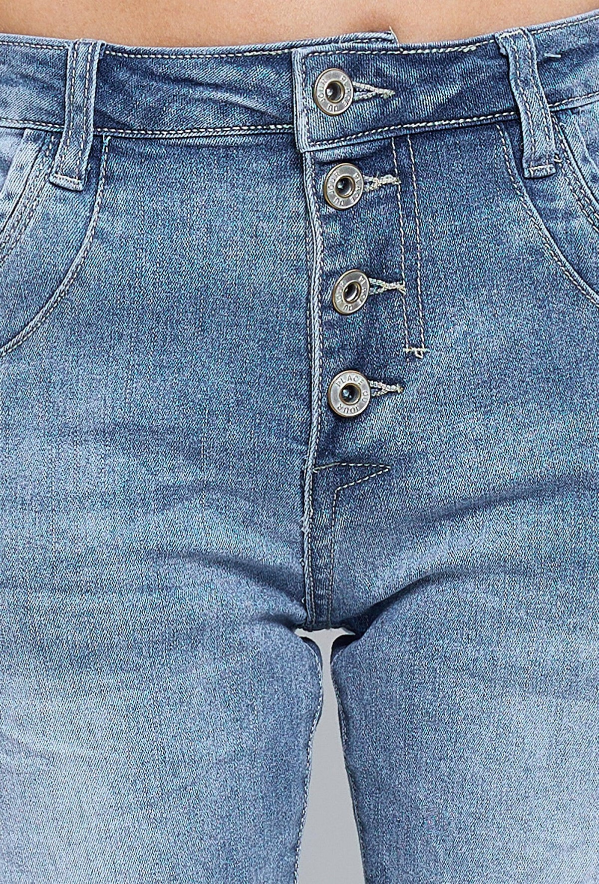 Jean bleu clair,Pantacourt Ambre Taille Haute à Boutons - Femme - Place du Jour